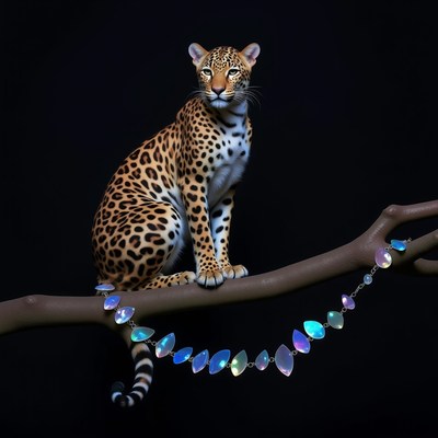Leopard posing elegantly with a shimmering necklace
