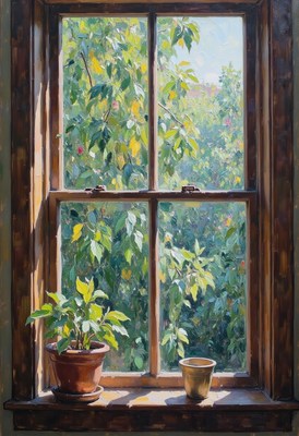 Sunlight streaming through a rustic window with plants