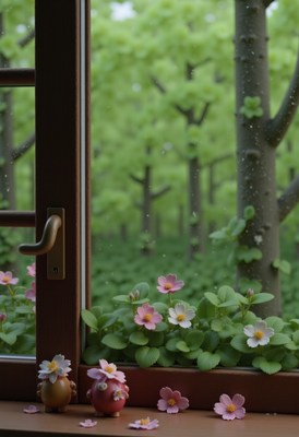 Beautiful spring flowers seen from an open window