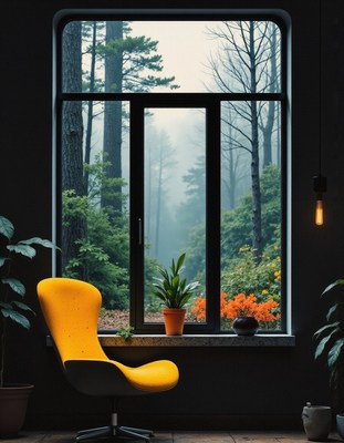 Cozy room with bright chair overlooking misty forest