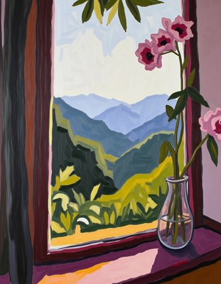 Flowers in a vase by a mountain view