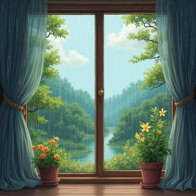 Rainy day view from a cozy window in the countryside