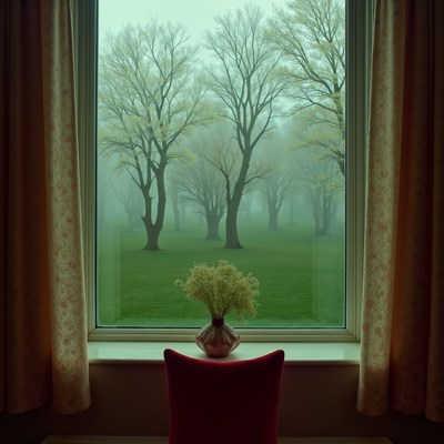 Mist-covered trees viewed from a window in springtime