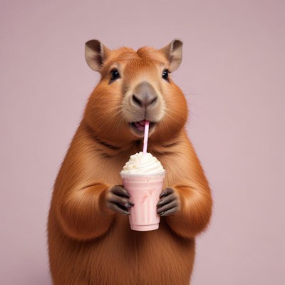 Capybara enjoys a milkshake on a pink background