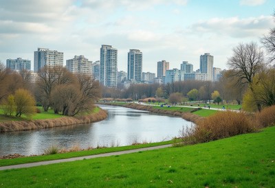 Beautiful park along a river in a vibrant city setting