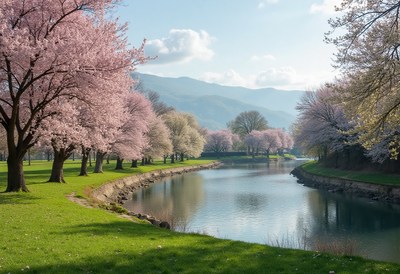 Cherry blossom trees line a serene river bank in spring
