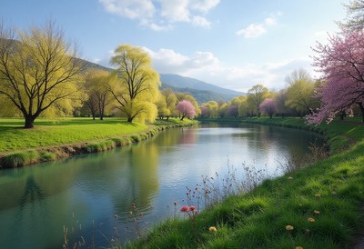 Beautiful spring day by the peaceful riverbank