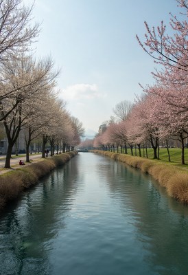 Spring blossoms along a tranquil riverbank in a park