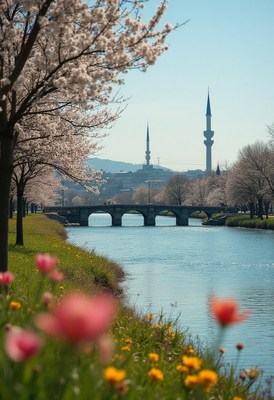 Spring river morning with blooming flowers and minarets