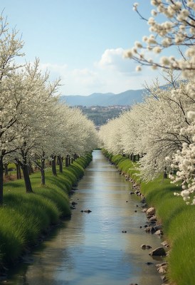 Blossoming trees along a tranquil waterway in springtime
