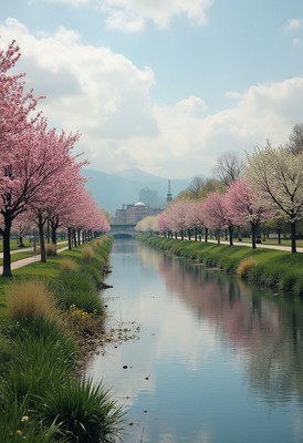 Cherry blossoms line a tranquil river in springtime