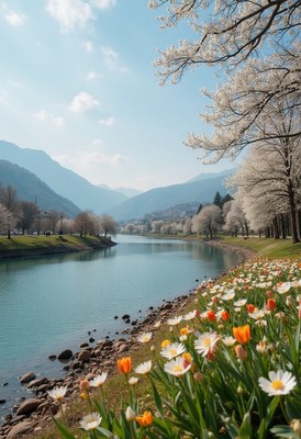 Spring blooms along a serene riverbank in the mountains