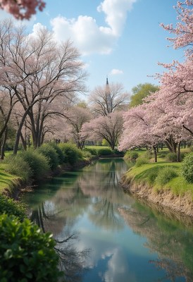 Cherry blossoms reflect in calm river on a sunny day