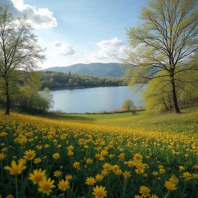 Sunny meadow with yellow flowers near a calm lake