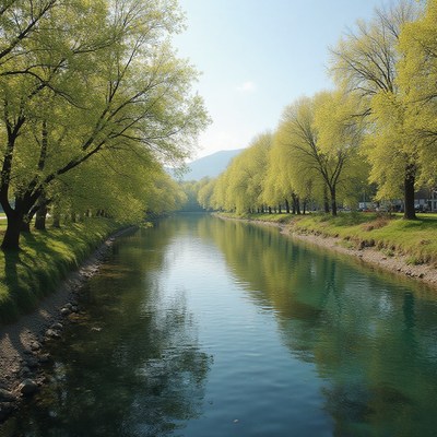 Calm river reflecting trees under clear sky