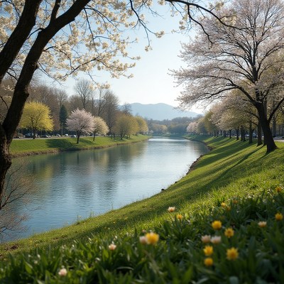 Quiet riverside park during spring with blooming trees