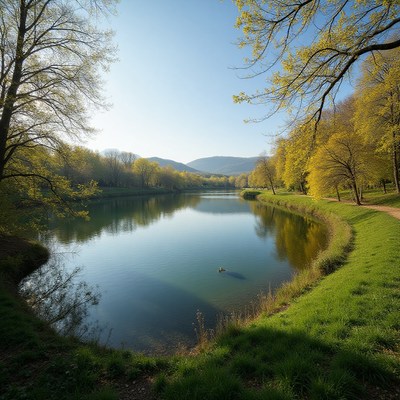Peaceful lake surrounded by lush greenery in spring