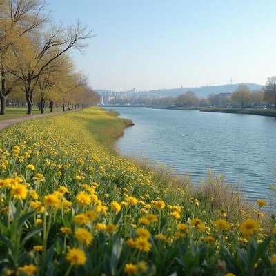 Bright yellow flowers line the riverside on a sunny day