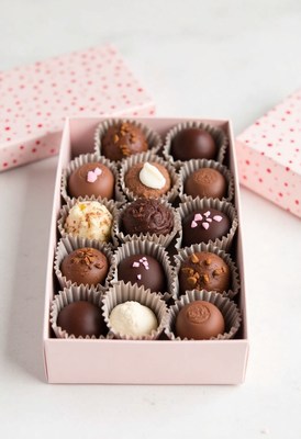 Assorted chocolate truffles in a pink box for gifting