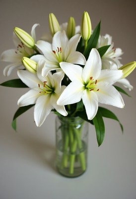 Elegant white lilies arranged in a clear glass vase