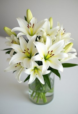 Beautiful white lilies arranged in a clear vase