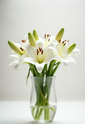 White lilies in a clear vase enhance a bright space