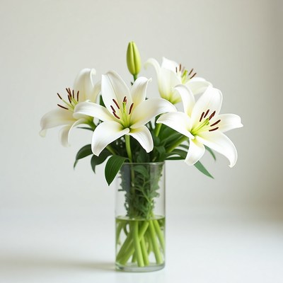 White lilies arranged in a clear glass vase on a table