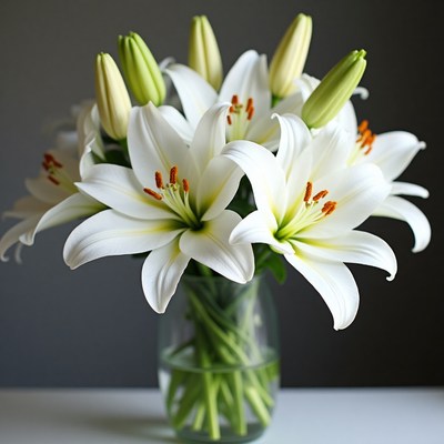 Beautiful white lilies in a glass vase on a table