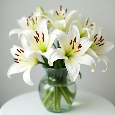 White lilies arranged in a glass vase on a table