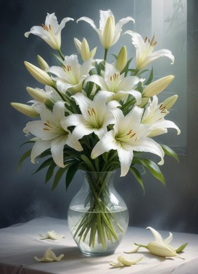 White lilies in a clear vase with soft lighting