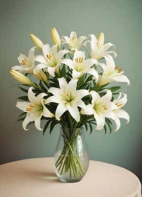 Vibrant white lilies arranged in a glass vase on table