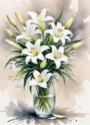 Beautiful bouquet of white lilies in a clear vase