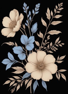 Elegant floral arrangement with blue and beige flowers