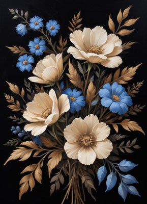 Blue and beige floral bouquet on black background