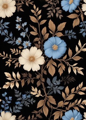 Blue and white floral design on black background