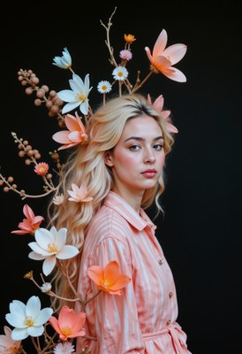 Young woman with floral arrangement in artistic portrait