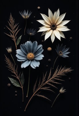 Dried flowers in a dark floral arrangement