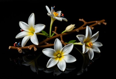 Miniature figures exploring delicate flowers on a branch