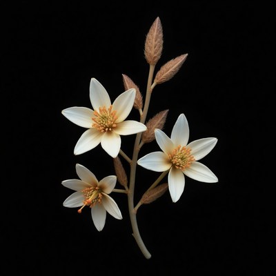 White flowers with yellow centers on dark background