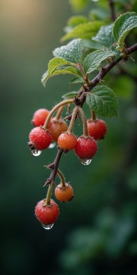 Dewy berries on branch in a lush garden during morning