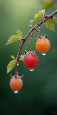 Fresh dew-covered fruits hang on a green branch