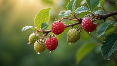 Fresh raspberries growing on a sunny branch in the garden