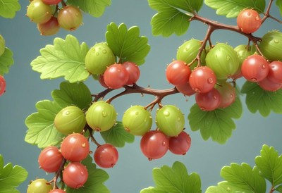 Fresh berries on branches with green leaves in spring