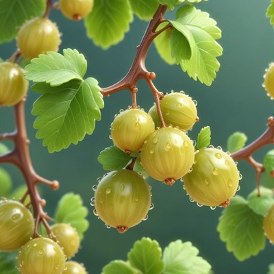 Fresh green currants on a vine with droplets of water