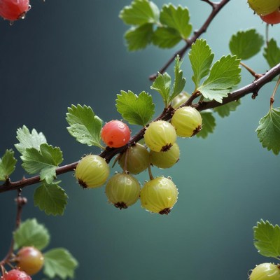 Fresh green and red gooseberries on a branch in nature