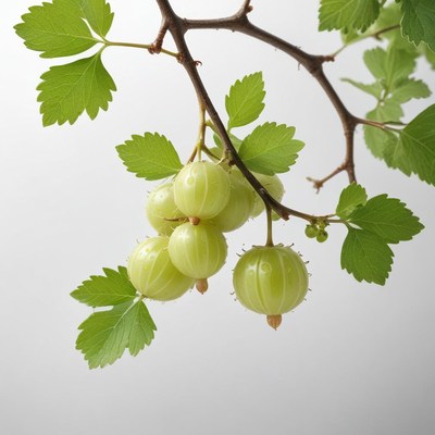 Fresh green gooseberries hanging on a branch