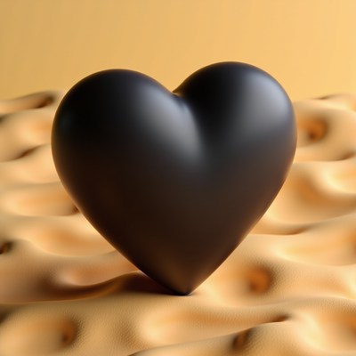 Black heart sculpture on textured surface in soft light