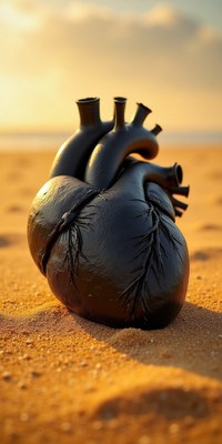 Heart sculpture on beach at sunset creates striking contrast