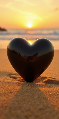 Heart-shaped object resting on the beach at sunset
