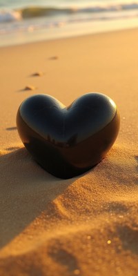 Heart-shaped stone rests on sandy beach at sunset